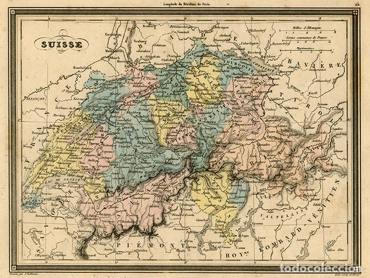 Arte: MAPA DE LA CONFEDERACI&Oacute;N SUIZA, DE 1850, POR VUILLEMIN. GRABADO AL ACERO, COLOREADO A MANO. CANTONES