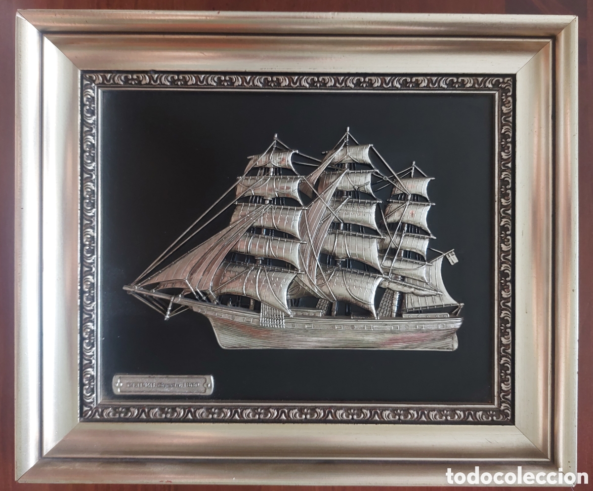 Arte: Cliper Suecia 1860, relieve sobre cuero, enmarcado.