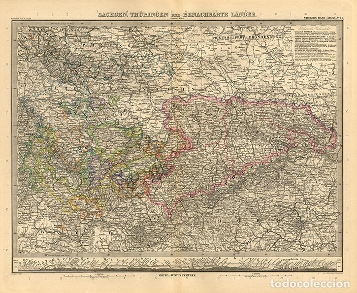 Arte: MAPA (GRABADO COBRE DE 1890) DE SAJONIA, TURINGIA Y ESTADOS VECINOS. IMPERIO ALEM&Aacute;N. STIELER&rsquo;S