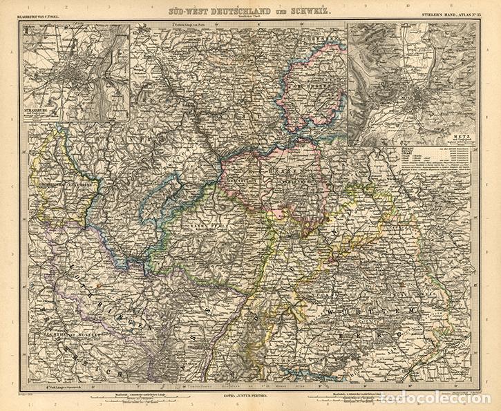 Arte: MAPA (GRABADO COBRE DE 1889) DEL SUROESTE DEL IMPERIO ALEM&Aacute;N, CON ESTRASBURGO Y METZ. STIELER&rsquo;S