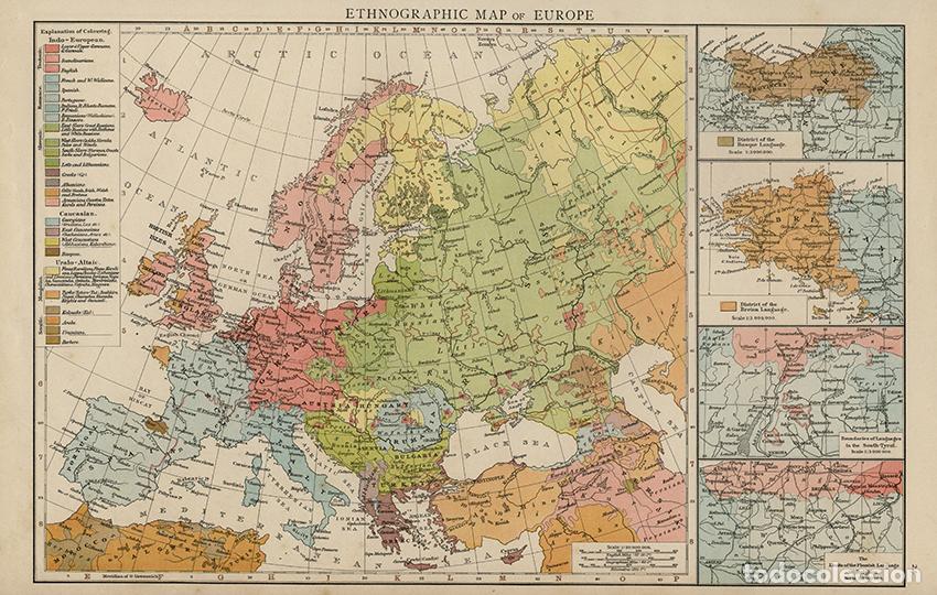 Arte: MAPA ETNOGR&Aacute;FICO DE EUROPA, DE 1895. LITOGRAF&Iacute;A COLOREADA DE LA PRIMERA EDICI&Oacute;N DEL TIMES ATLAS