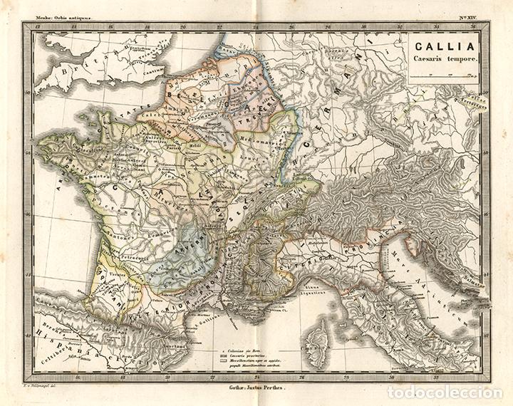 Arte: MAPA DE LA GALIA DE C&Eacute;SAR, DE THEODOR MENKE, GRABADO DE COBRE, COLOREADO A MANO, ROMA, CONQUISTA