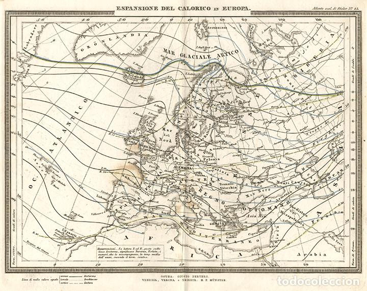 Arte: MAPA DE LAS TEMPERATURAS EN EUROPA, DE 1865, JUSTUS PERTHES, GRABADO COBRE, CARTA GEOGR&Aacute;FICA, CALOR