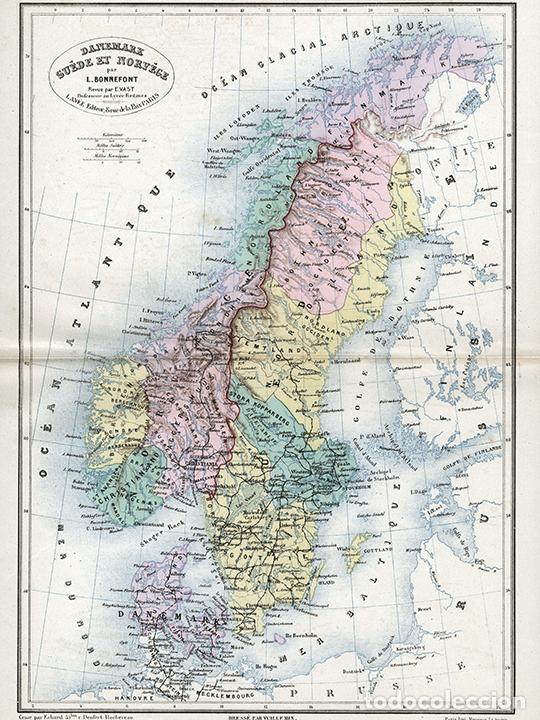 Arte: MAPA DE DINAMARCA, SUECIA Y NORUEGA EN 1884, VUILLEMIN & BONNEFONT, LITOGRAF&Iacute;A. CARTA, ESCANDINAVIA