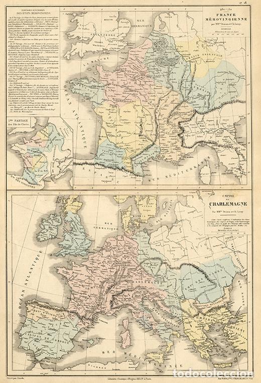 Arte: MAPA DE LA FRANCIA MEROVINGIA Y DEL IMPERIO CAROLINGIO, LITOGRAF&Iacute;A DE 1865 DE DRIOUX & LEROY