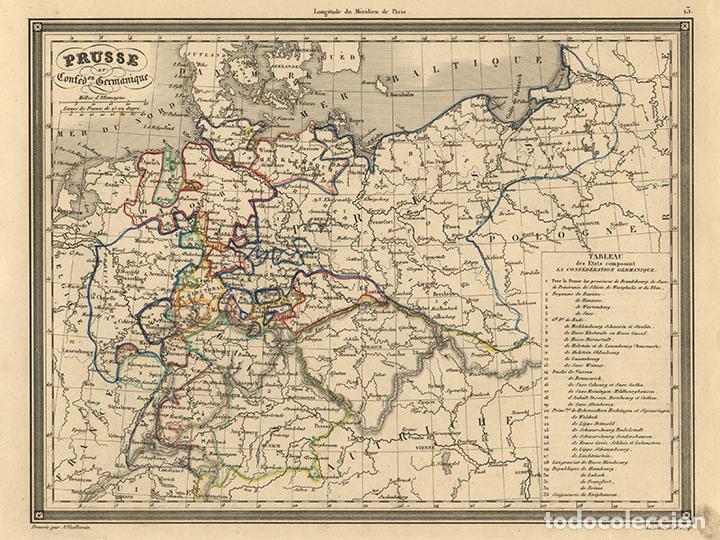 Arte: MAPA DE PRUSIA Y LA CONFEDERACI&Oacute;N GERM&Aacute;NICA, DE 1845, VUILLEMIN. GRABADO AL ACERO, COLOREADO A MANO.