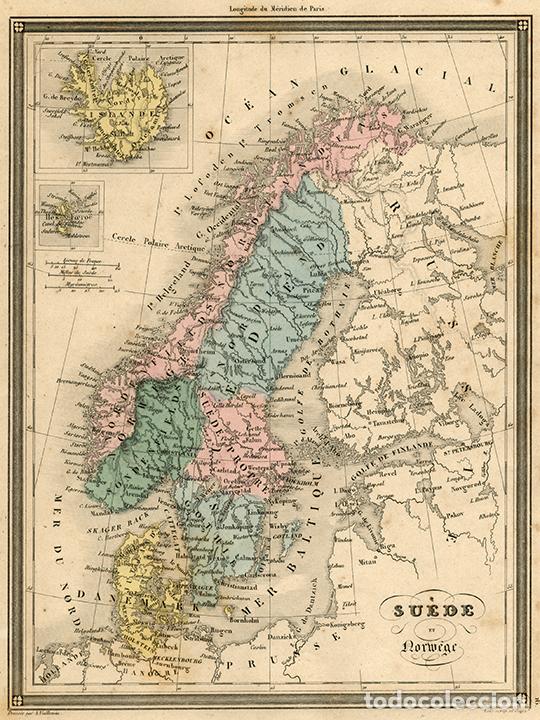 Arte: MAPA DEL REINO DE SUECIA Y NORUEGA, DE 1850, POR VUILLEMIN. GRABADO AL ACERO, COLOREADO A MANO