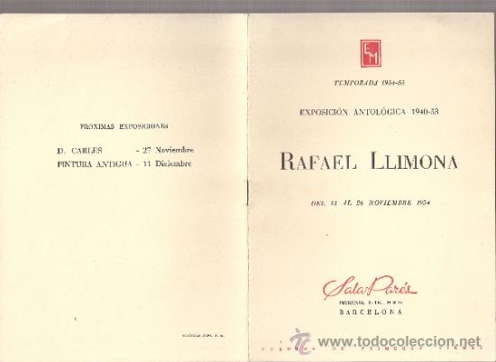 Arte: Rafael Llimona. Noviembre 1954. Sala Par&eacute;s. Barcelona. 12 p&aacute;ginas. 19'5 x 13'5 cmtrs.