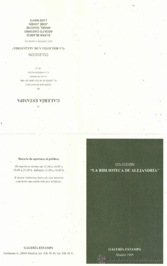 Arte: Coleccion la Biblioteca de Alejandr&iacute;a. Octubre 1995.Galer&iacute;a Estampa.Desplegable. 14 x 9 cmtrs.