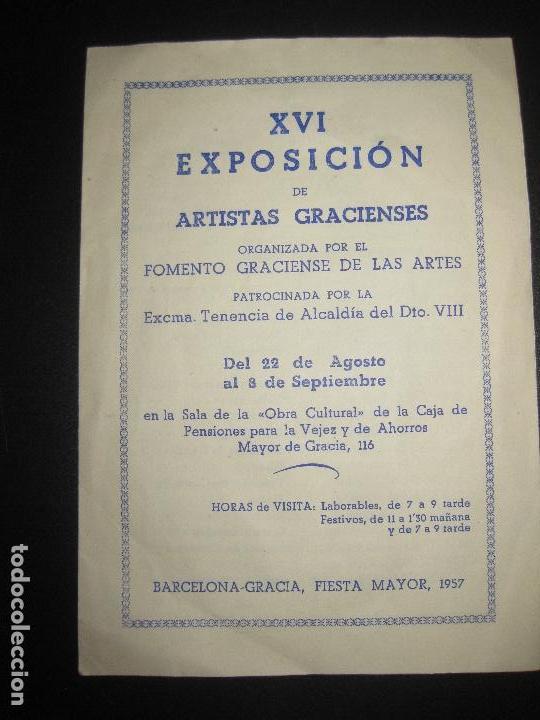 Arte: XVI EXPOSICION DE ARTISTAS GRACIENSES. BARCELONA - GRACIA, FIESTA MAYOR, 1957.