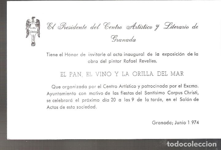 Art: Rafael Revelles L&oacute;pez. Junio 1974. Centro Art&iacute;stico Granada. Tarjeta invitaci&oacute;n. 17 x 11 cm.
