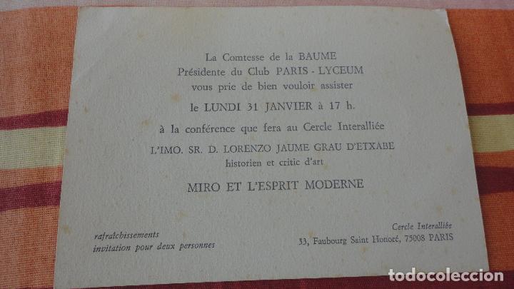 Arte: INVITACION CLUB PARIS-LYCEUM. JOAN MIRO ET L'ESPRIT MODERNE. LORENZO JAUME GRAU D'ETXABE