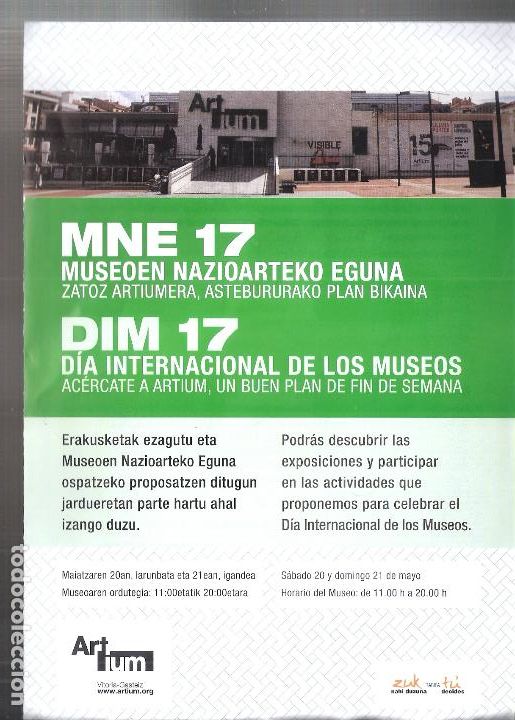 Arte: Dia Internacional de los Museos. Mayo 2017. Artium. Vitoria. D&iacute;ptico informativo. 21x15 cm.