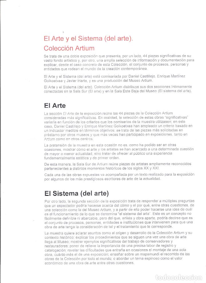 Arte: El Arte y el Sistema ( del arte ). Colecci&oacute;n ARTIUM. Vitoria. Hoja ( doblez central). 30 x 21 cm.