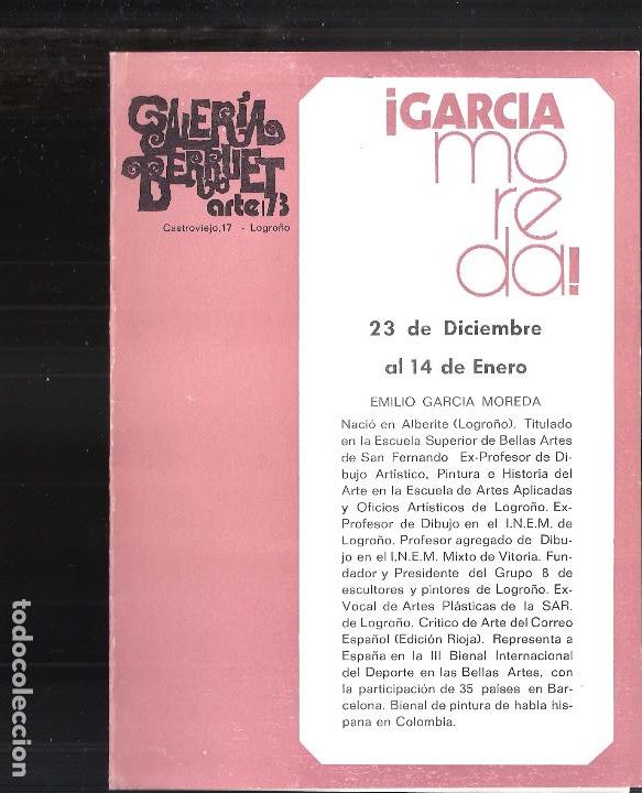 Arte: Amilio Garc&iacute;a Moreda. Galer&iacute;a Berruet. Arte/73, Logro&ntilde;o. D&iacute;ptico. 20X14 cm.