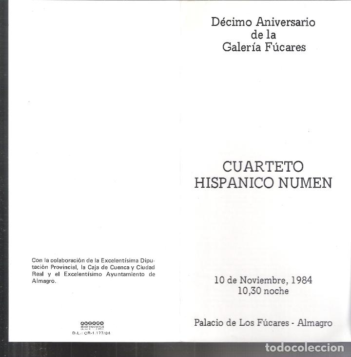 Arte: Cuarteto Hispanico Numen. Noviembre 1984- 10&ordm; Aniversario Galer&iacute;a F&uacute;cares.Almagro.Diptico. 21X11 cm.