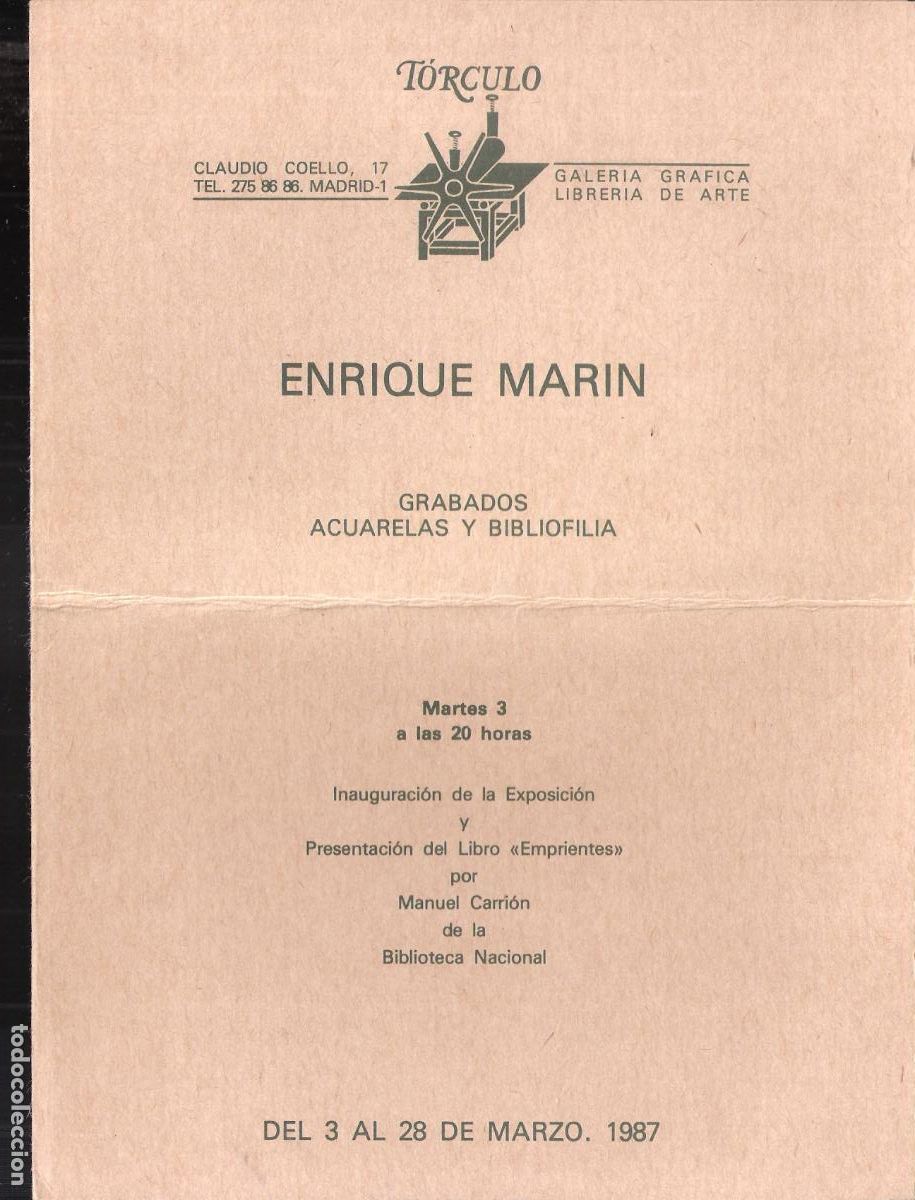 Kunst: Enrique Mar&iacute;n- Marzo 1987. Galer&iacute;a T&oacute;rculo, Madrid. D&iacute;ptico. 21X15 cm. Doblez env&iacute;o