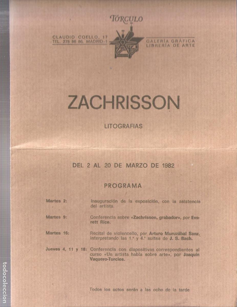 Arte: Julio Augusto Zachisson. Marzo 1982. Galer&iacute;a T&oacute;rculo, Madrid. Diptico. 21X15 cm. Doblez env&iacute;o