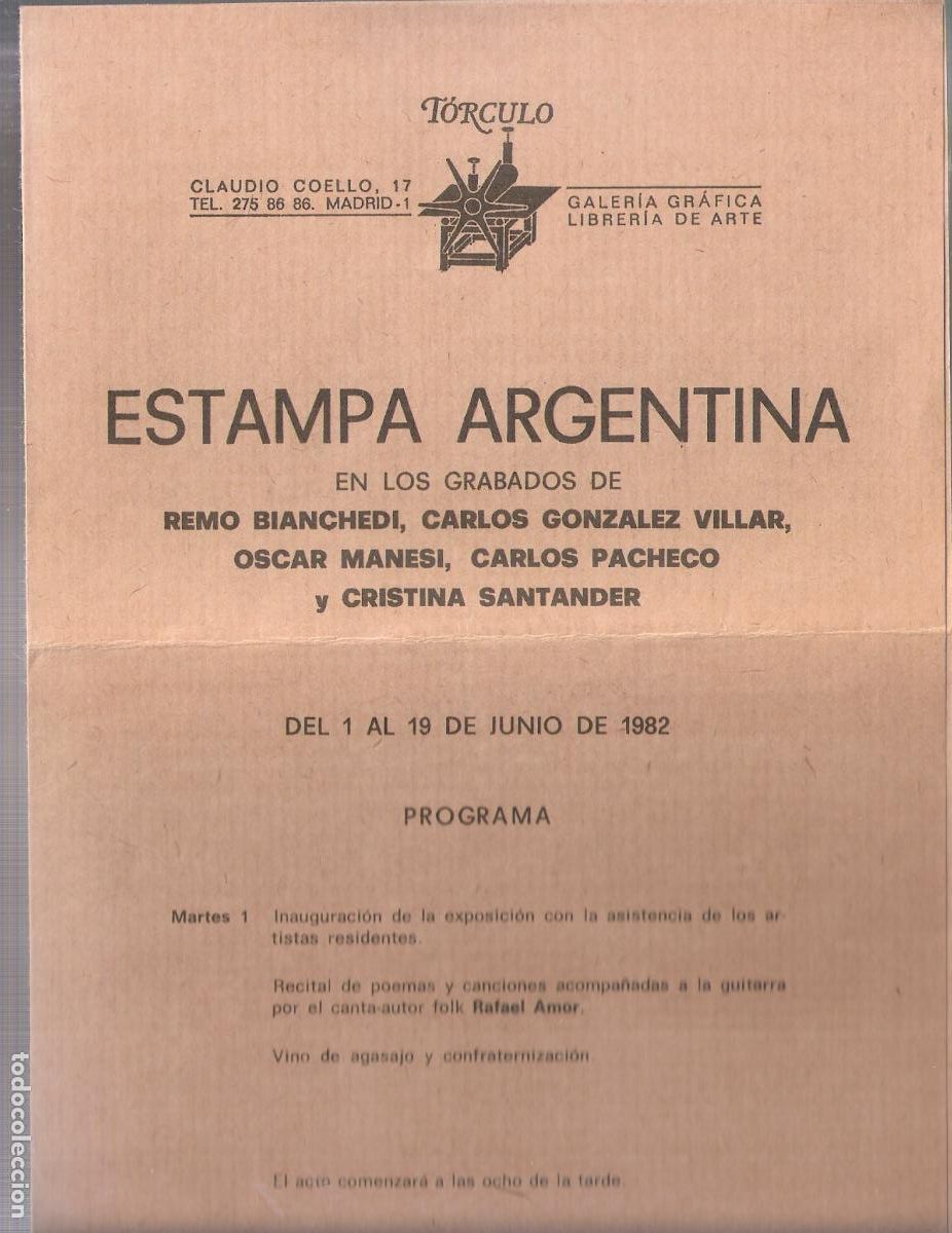 Arte: Estampa Argentina. Junio 1982. Galer&iacute;a T&oacute;rculo, Madrid. Diptico. 21X15 cm. Doblez env&iacute;o