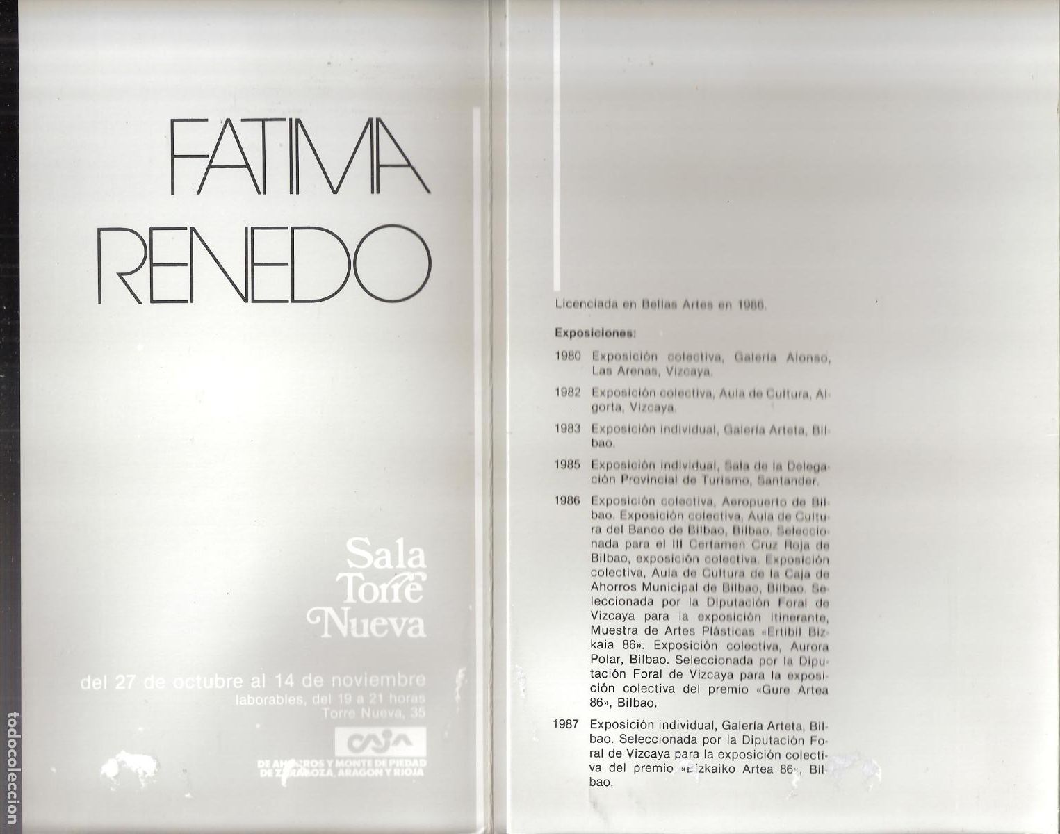 Arte: F&aacute;tima Renedo. Octubre 1987. Sala Torre Nueva. Zaragoza. Cuadr&iacute;ptico. 22X15 cm.
