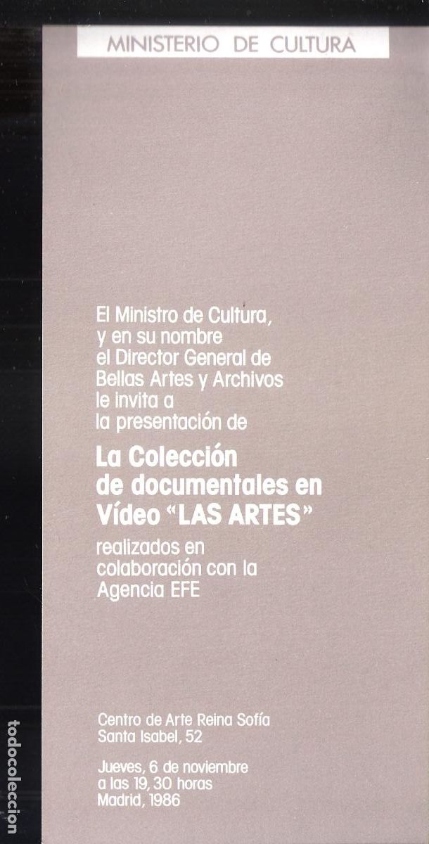 Arte: Documentales Las Artes. Agencia EFE. Noviembre 1986. Centro de Arte Reina Sof&iacute;a, Madrid. Tarjeta. 21
