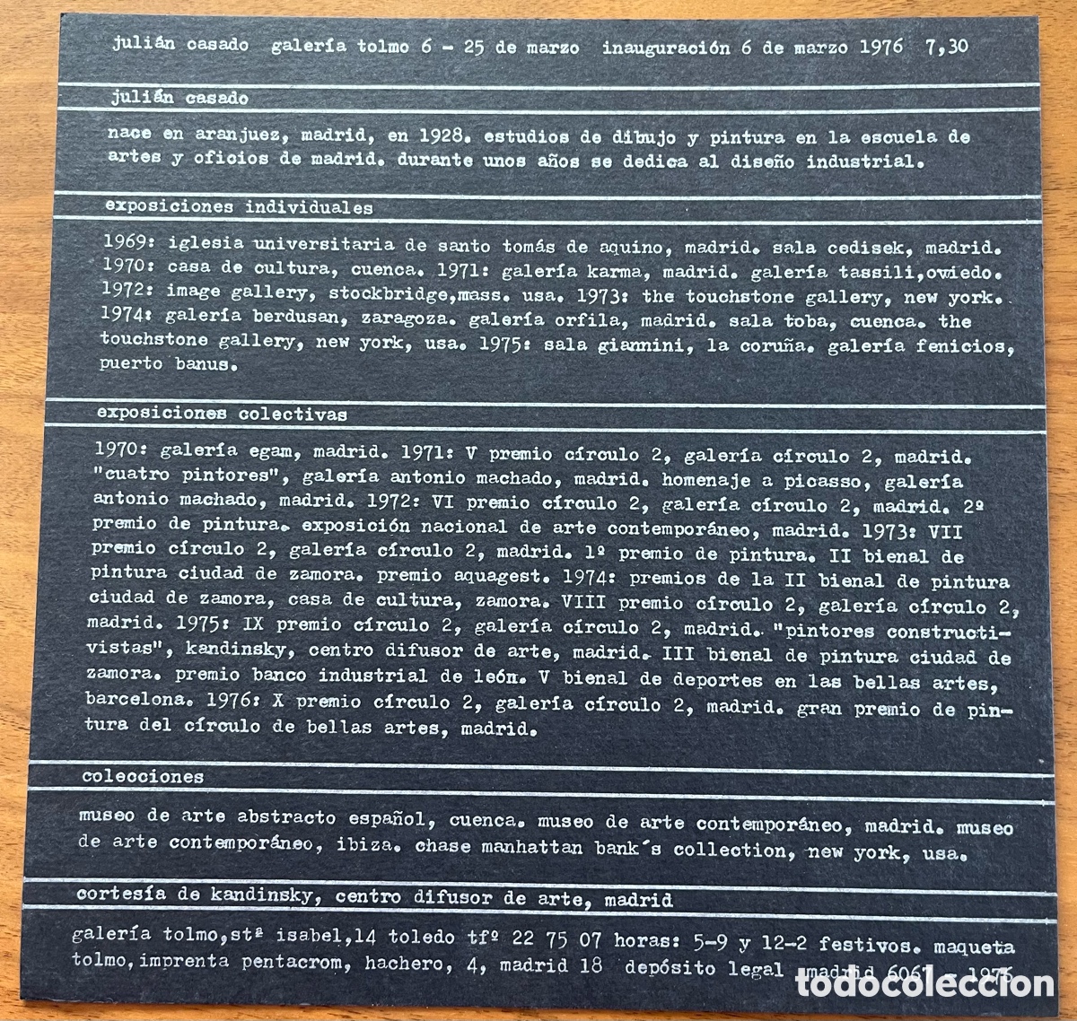 Arte: INVITACI&Oacute;N. EXPOSICI&Oacute;N JULI&Aacute;N CASADO . GALER&Iacute;A TOLMO MADRID 1976