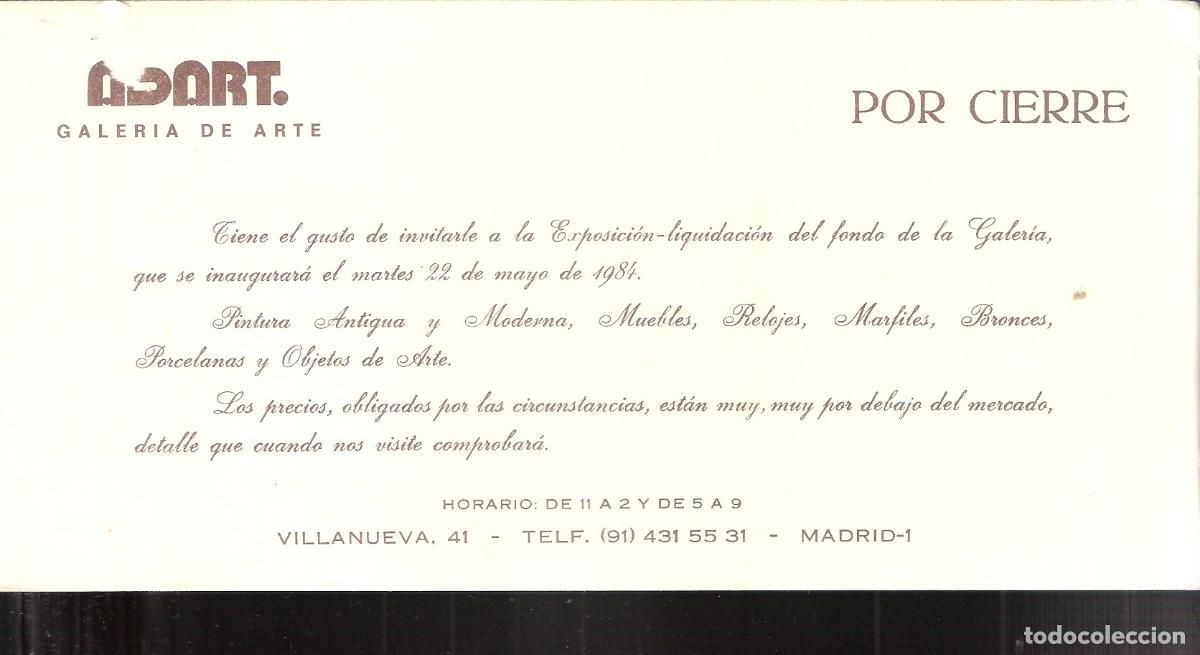Art: Adart. Galer&iacute;a de Arte. Mayo 1984. Tarjeta liquidaci&oacute;n POR CIERRE. 22x11 cm.