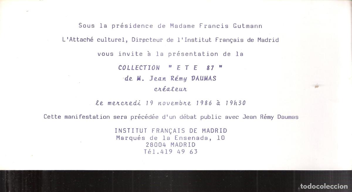 Art: Jean R&eacute;my Daumas. Ete 87. Novembre 1986. Institut Fran&ccedil;ais de Madrid. Tarjeta. 21x10 cm