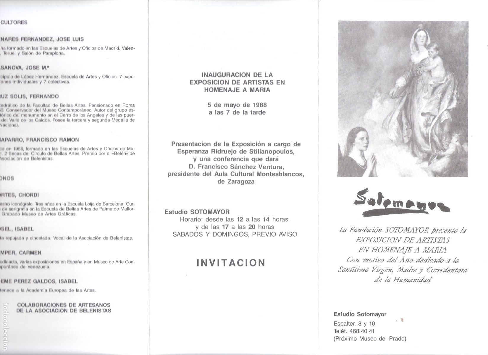 Art: Fundacion Sotomayor. Artista Homenaje a Maria. Mayo 1988. Estudio Sotomayor,Madrid. Triptico. 22x11