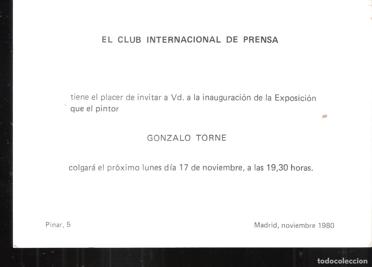 Art: Gonzalo Torn&eacute;. Noviembre 1980. Club Internacional de Prensa. Madrid. Tarjeta. 16x11 cm.