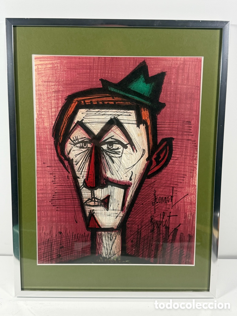 Arte: Bernard Buffet estilo &ldquo;Clown fondo rojo&rdquo; &ndash; l&aacute;mina cat&aacute;logo 1967 enmarcada arte moderno