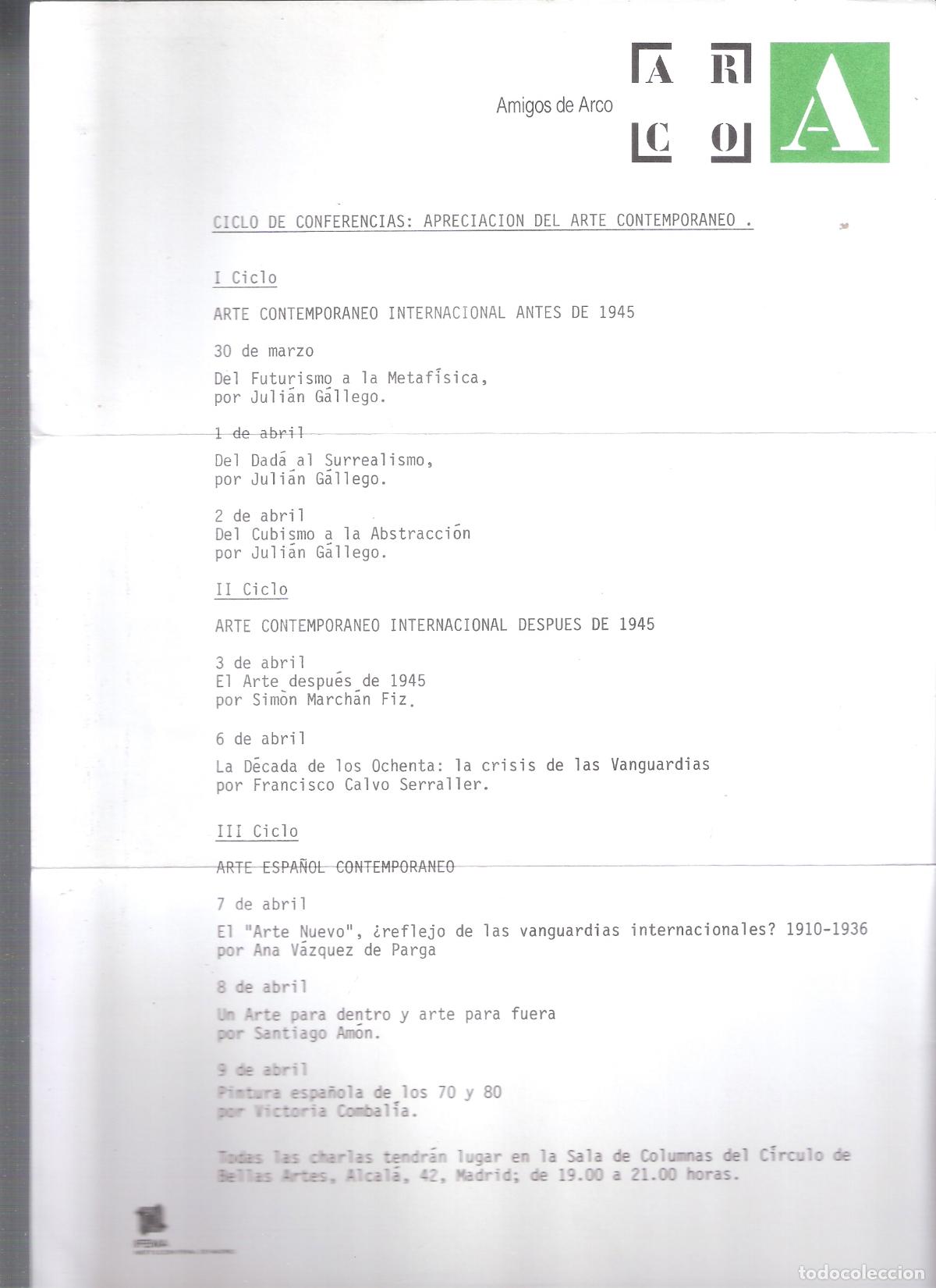 Arte: Ciclo de Conferencias. Amigos de ARCO 1989. Julian Gallego, Marchan Fiz, Calvo Serraller,...Carta.