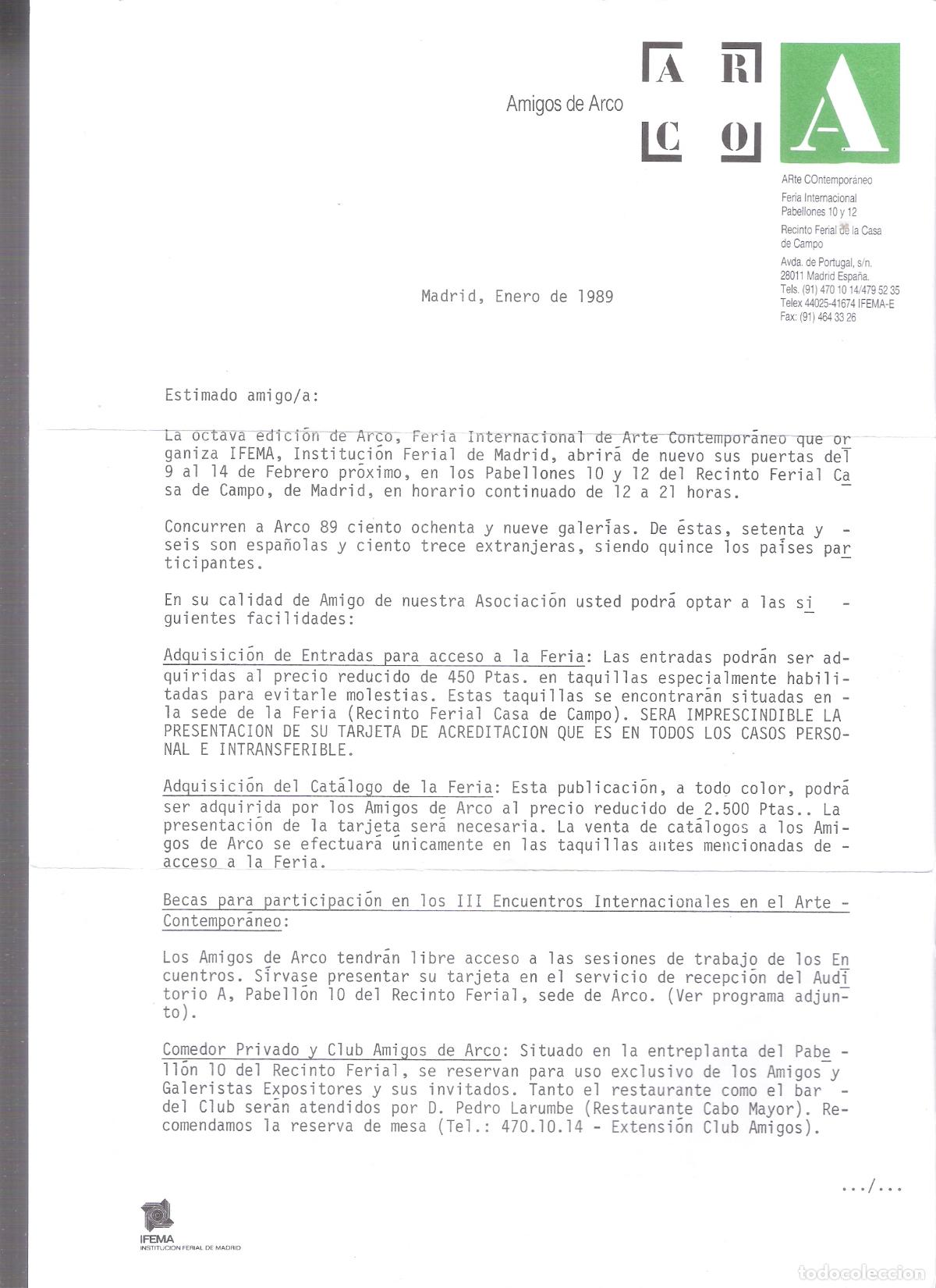 Arte: Carta de Rosina Gomez Baeza . Amigos de ARCO. Enero 1989. Informaci&oacute;n general .
