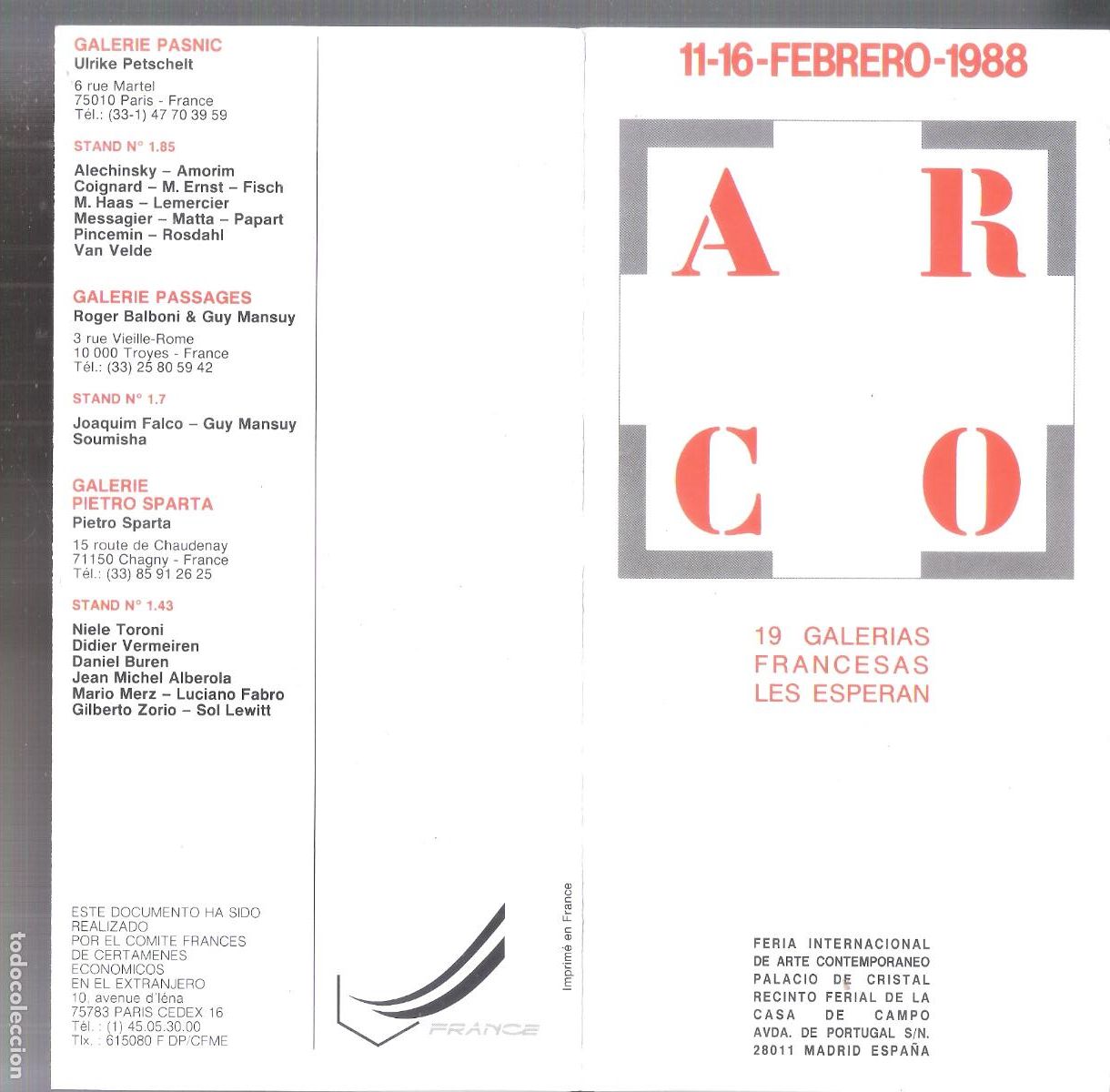Arte: 19 Galer&iacute;a francesas les esperan. ARCO Febrero 1988. Cuadr&iacute;ptico. 21x11 cm.