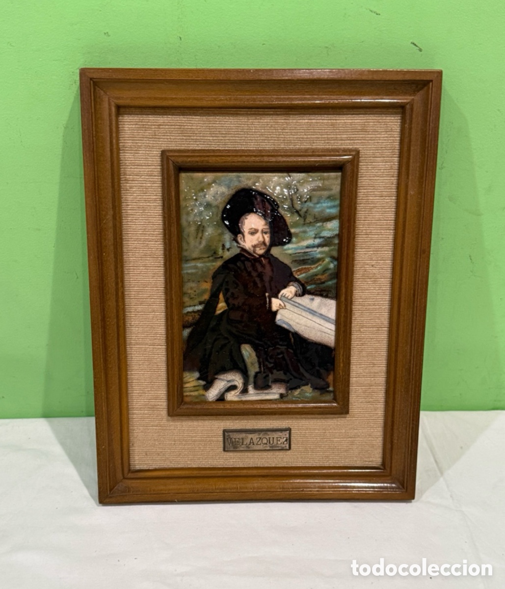 Arte: Esmalte sobre bronce escena Vel&aacute;zquez enmarcado placa de plata marco madera alta calidad