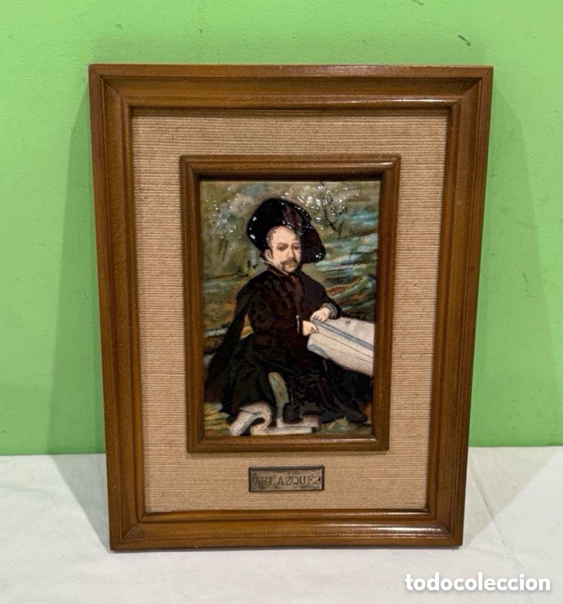 Arte: Esmalte sobre bronce escena Vel&aacute;zquez enmarcado placa de plata marco madera alta calidad