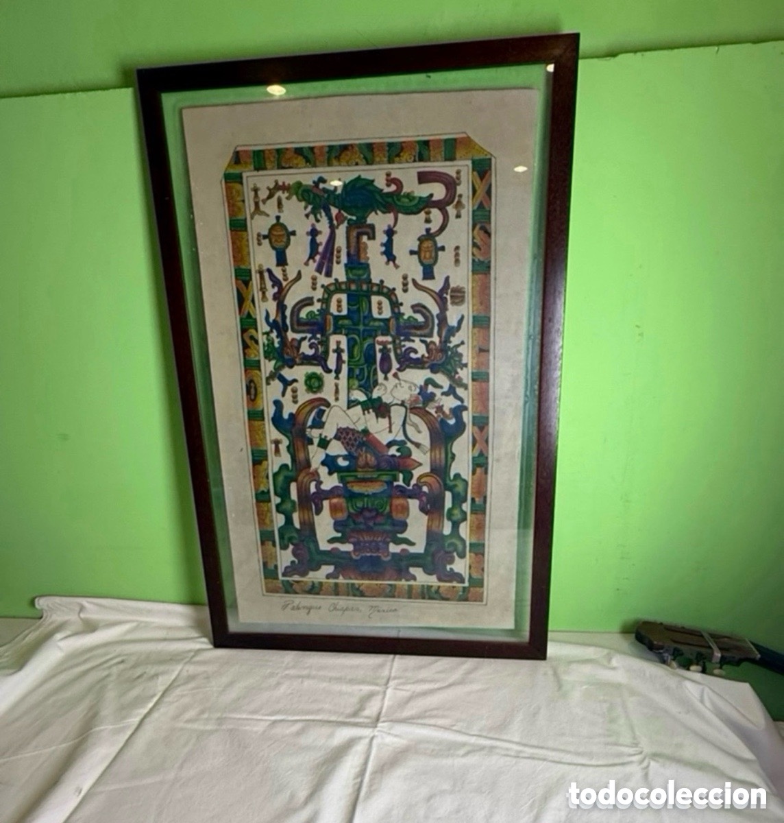 Arte: Curiosa Pintura sobre cuero de pirograf&iacute;a de arte maya enmarcada ~ Lapida Del Rey pakalin