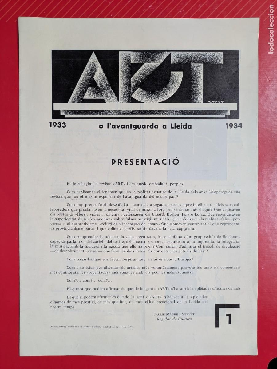 Arte: D&Iacute;PTIC PRESENTACI&Oacute; ART O L&rsquo; AVANTGUARDA A LLEIDA. 1987