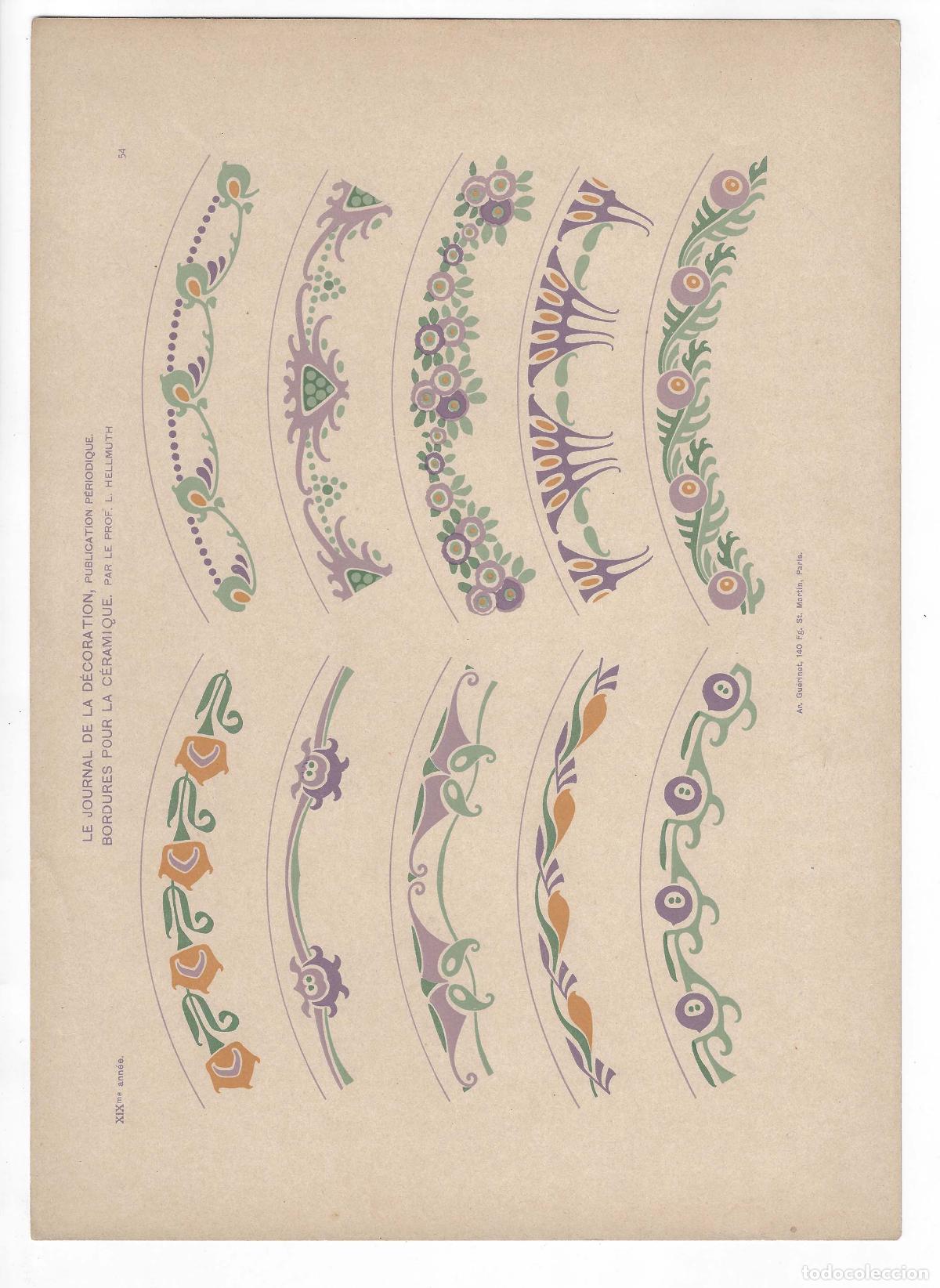 Arte: JOURNAL DE LA DECORATION A&Ntilde;O XIX L&Aacute;M. 54. BORDURES POUR LA C&Eacute;RAMIQUE (L. Hellmuth). CROMOLITOGRAF&Iacute;A