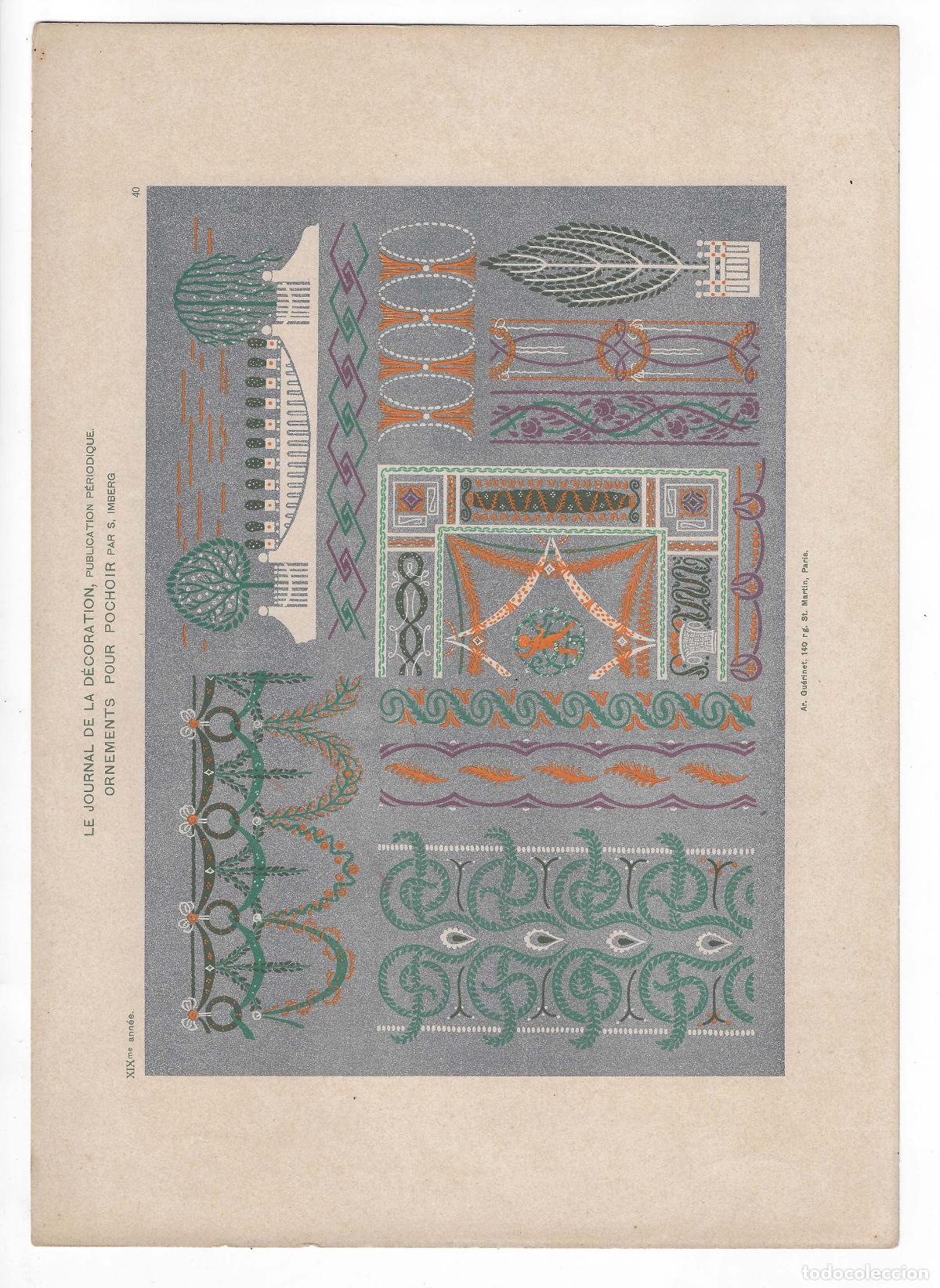 Kunst: JOURNAL DE LA DECORATION A&Ntilde;O XIX L&Aacute;M. 40. ORNEMENTS POUR POCHOIR (S. Imberg). CROMOLITOGRAF&Iacute;A 63x46