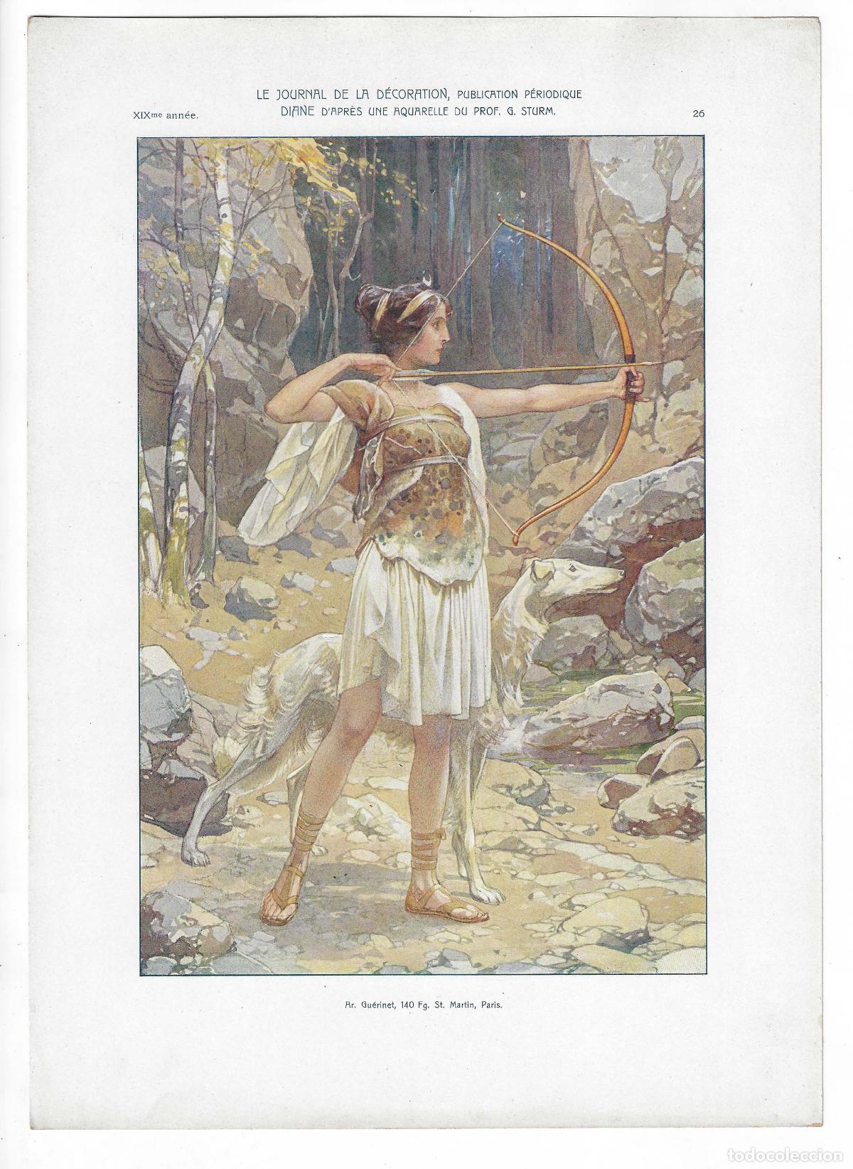 Kunst: JOURNAL DE LA DECORATION A&Ntilde;O XIX L&Aacute;M. 26. DIANE (G. Sturm) Circa 1905. CROMOLITOGRAF&Iacute;A 63x46