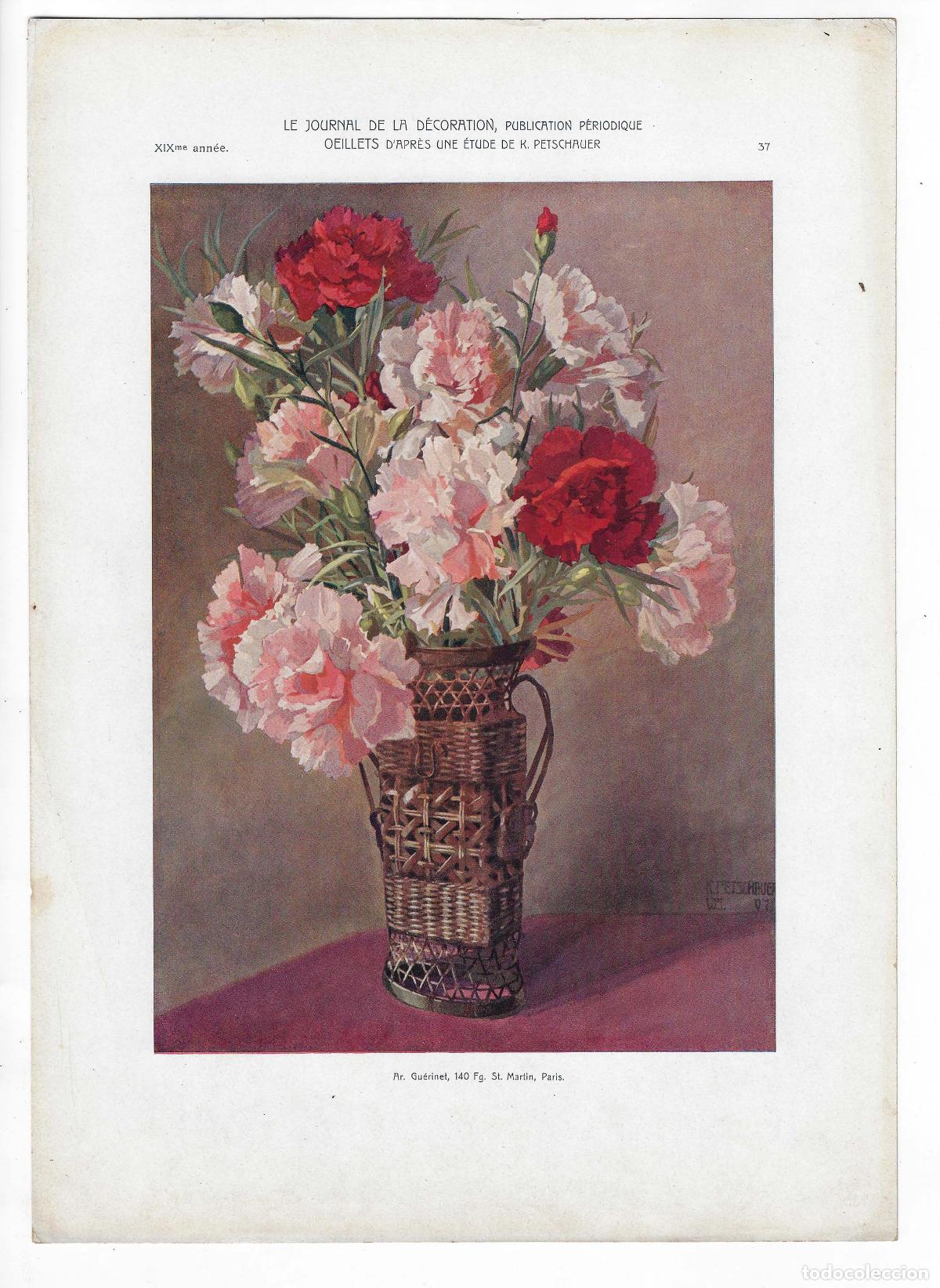 Kunst: JOURNAL DE LA DECORATION A&Ntilde;O XIX L&Aacute;M. 37. OEILLETS (K. Petschauer) Circa 1905. CROMOLITOGRAF&Iacute;A 63x46