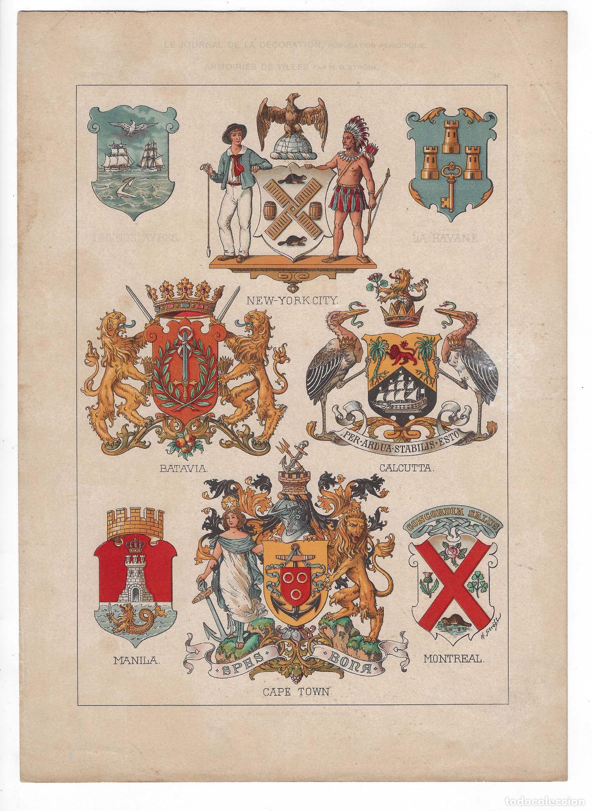 Kunst: JOURNAL DE LA DECORATION A&Ntilde;O XIX L&Aacute;M. 24. ARMOIRIES DE VILLES (H.G. Str&ouml;hl). CROMOLITOGRAF&Iacute;A 63x46