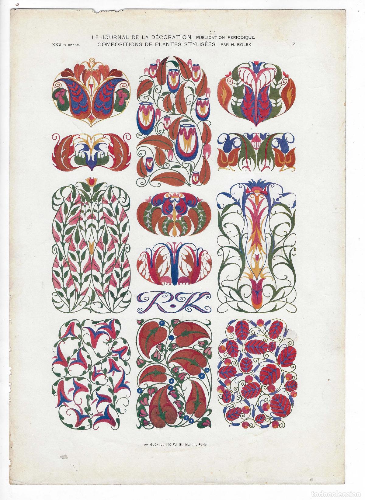 Art: JOURNAL DE LA DECORATION A&Ntilde;O XXV L&Aacute;M. 12. COMPOSITIONS DE PLANTES STYLIS&Eacute;ES (H. Bolek). CROMOLITOGRA