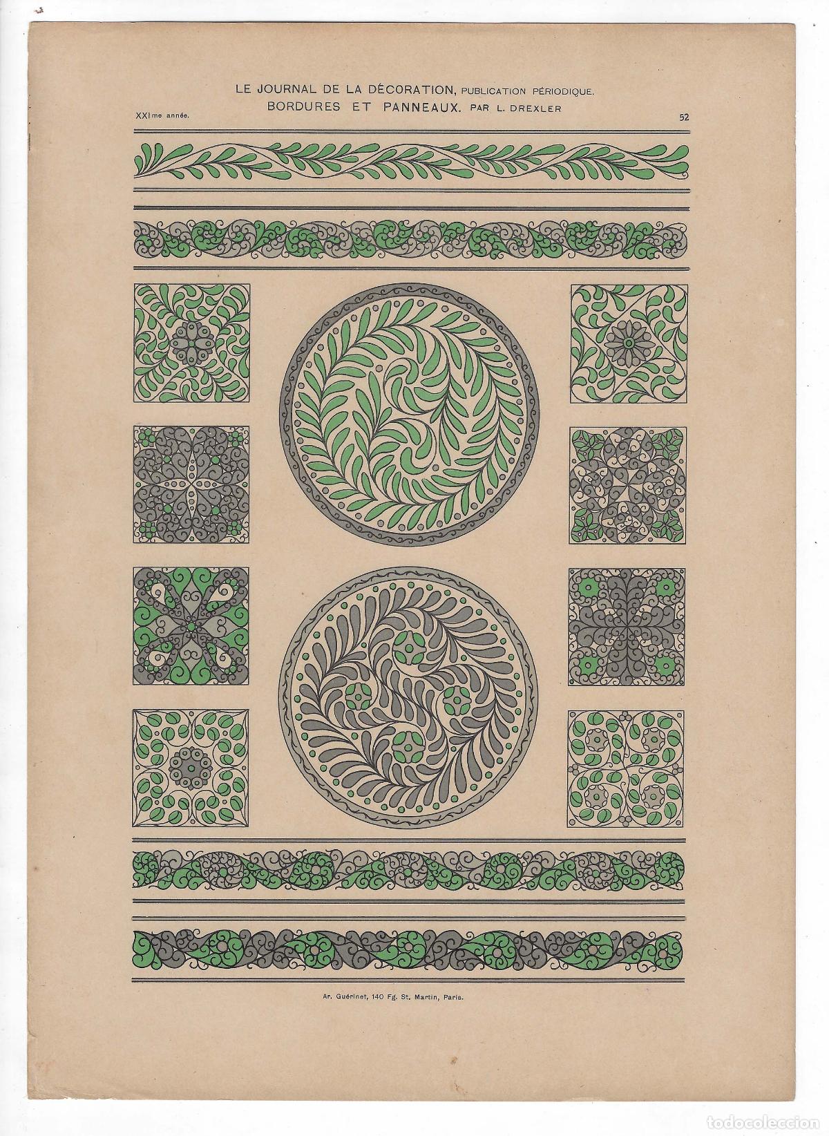 Arte: JOURNAL DE LA DECORATION A&Ntilde;O XXI L&Aacute;M. 52. BORDURES ET PANNEAUX (L. Drexler). CROMOLITOGRAF&Iacute;A 63x46