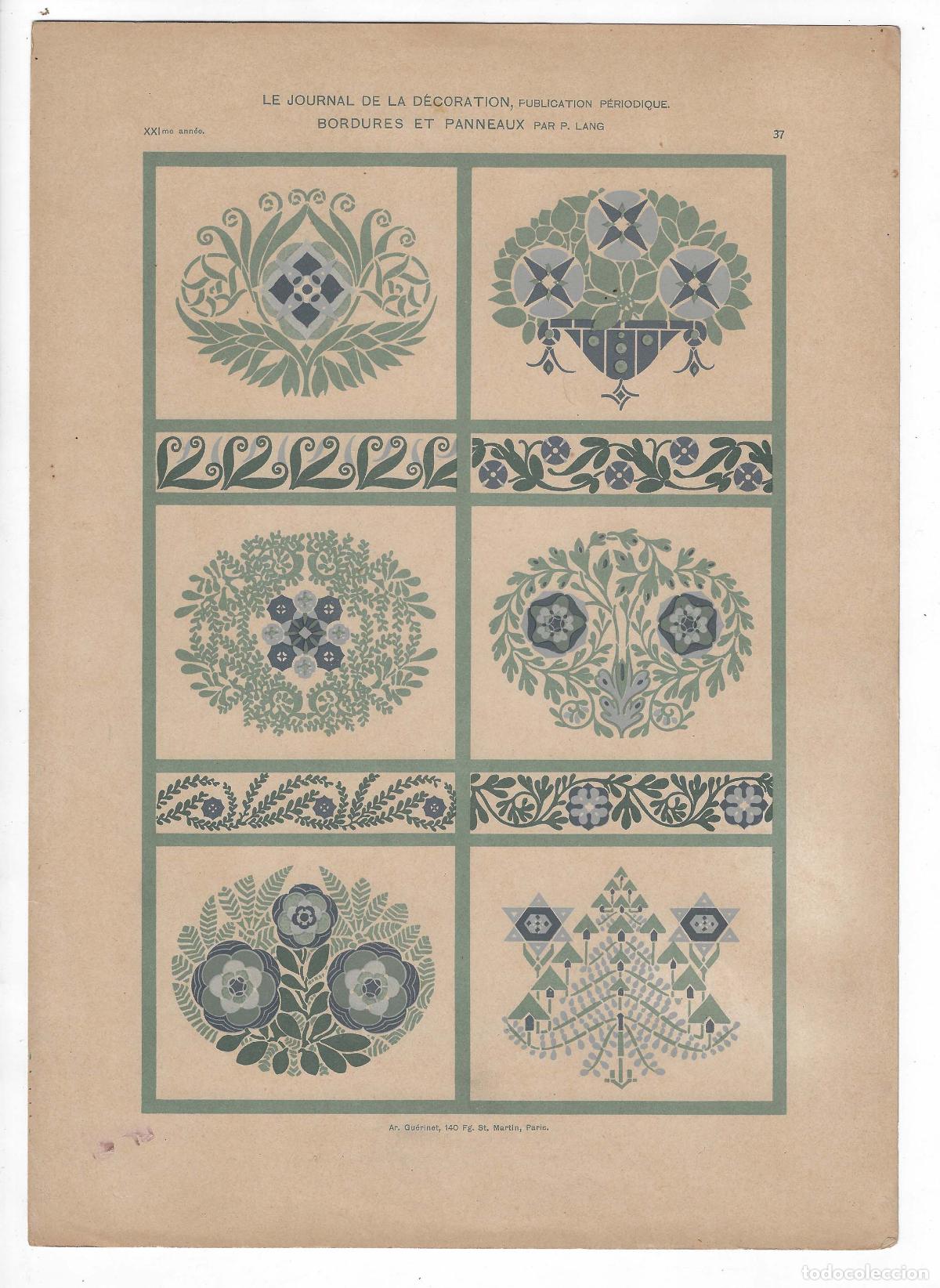 Art: JOURNAL DE LA DECORATION A&Ntilde;O XXI L&Aacute;M. 37. BORDURES ET PANNEAUX (P. Lang). CROMOLITOGRAF&Iacute;A 63x46