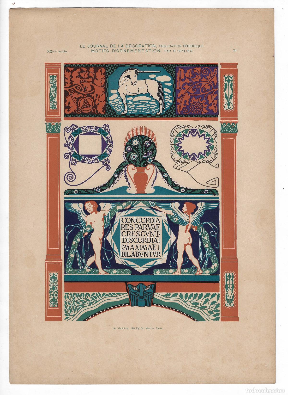 Art: JOURNAL DE LA DECORATION A&Ntilde;O XXI L&Aacute;M. 24. MOTIFS D'ORNEMENTATION (R. Geyling). CROMOLITOGRAF&Iacute;A 63x46