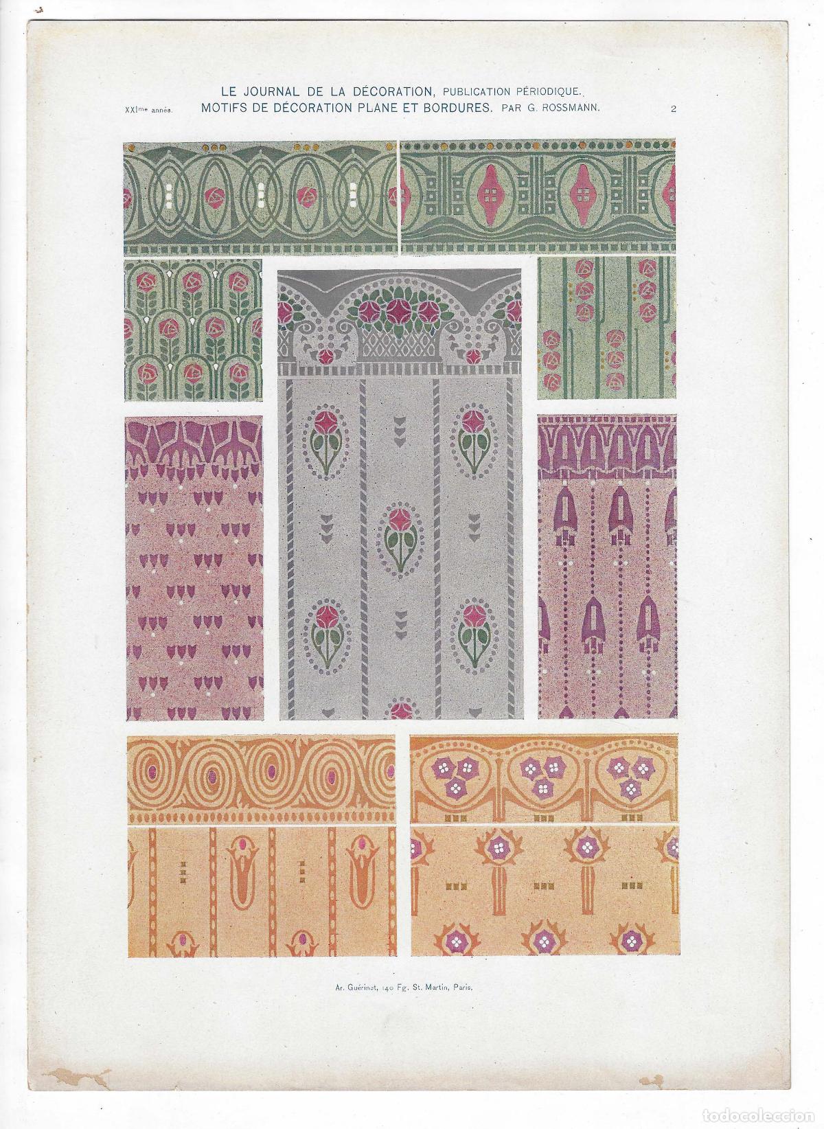 Arte: JOURNAL DE LA DECORATION A&Ntilde;O XXI L&Aacute;M. 2. MOTIFS DE D&Eacute;CORATION PLANE ET BORDURES (G. Rossmann). CROMO