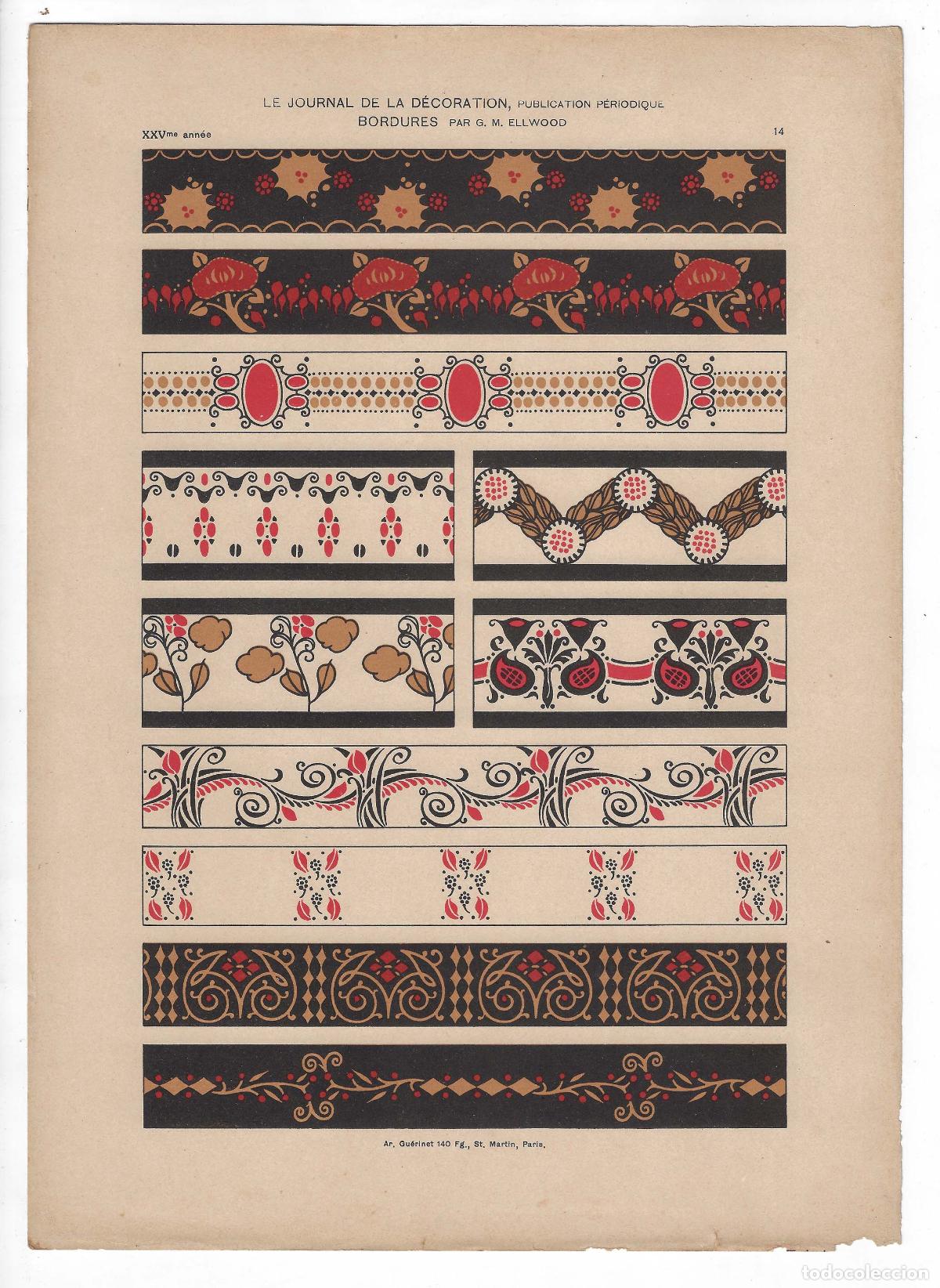 Arte: JOURNAL DE LA DECORATION A&Ntilde;O XXV L&Aacute;M. 14. BORDURES (G. M. Ellwood) Circa 1911. CROMOLITOGRAF&Iacute;A 63x46