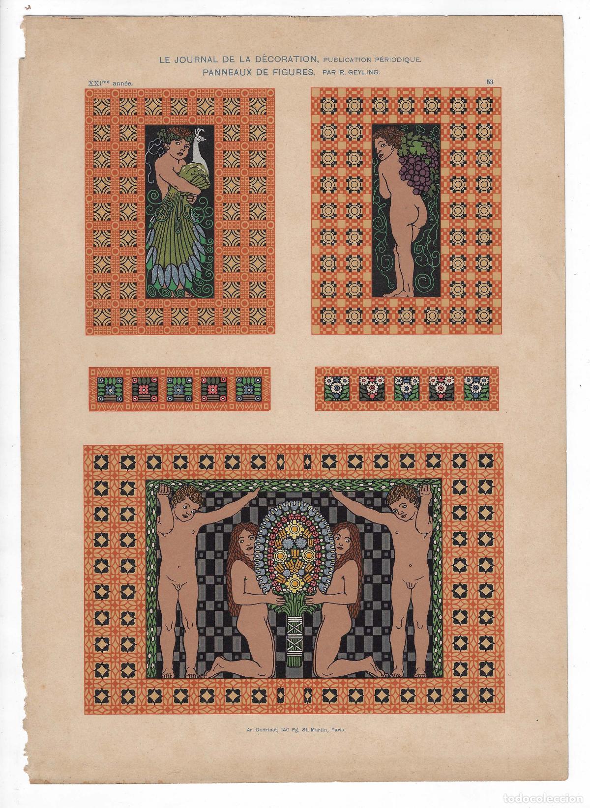 Arte: JOURNAL DE LA DECORATION A&Ntilde;O XXI L&Aacute;M. 53. PANNEAUX DE FIGURES (R. Geyling). CROMOLITOGRAF&Iacute;A 63x46